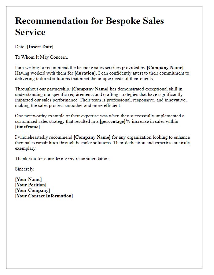 Letter template of bespoke sales service recommendation