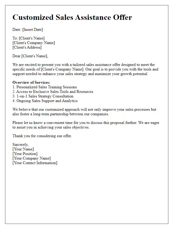 Letter template of customized sales assistance offer