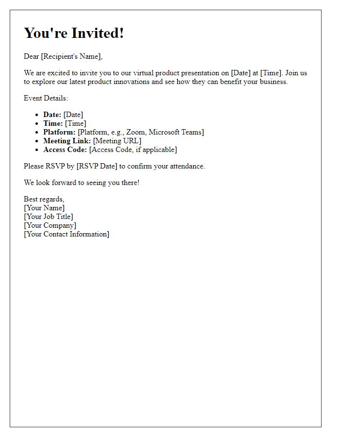 Letter template of invitation for virtual product presentation