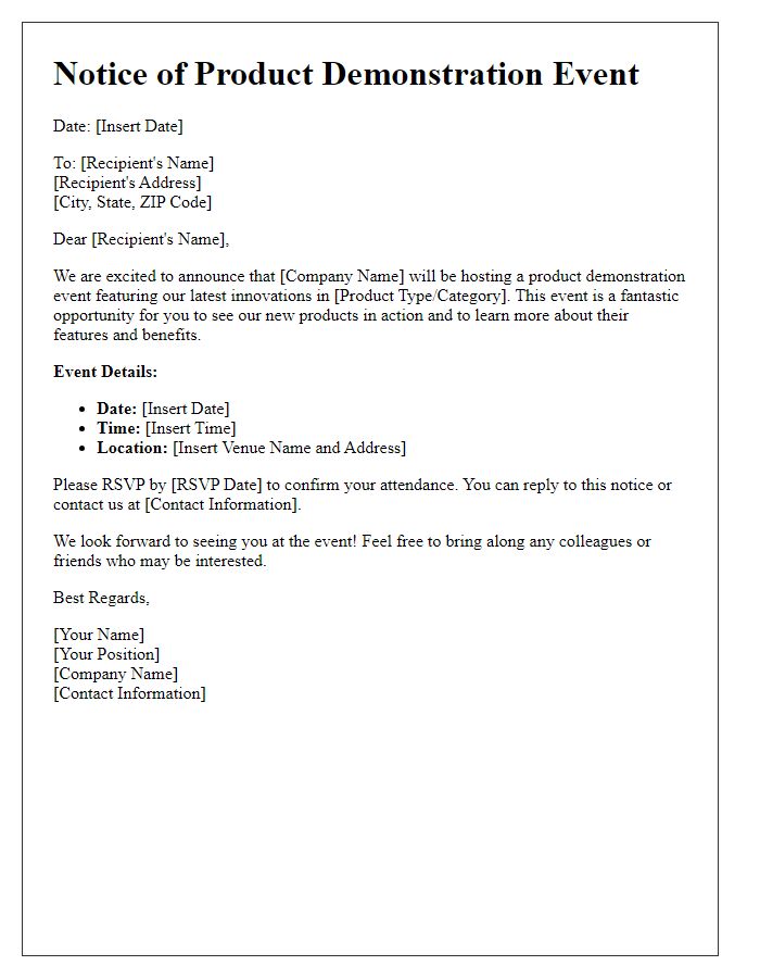 Letter template of notice for product demonstration event