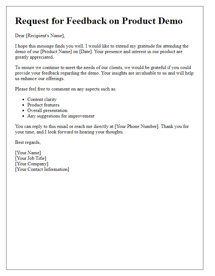 Letter template of request for feedback during product demo