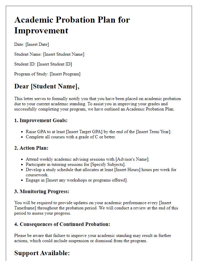 Letter template of academic probation plan for improvement