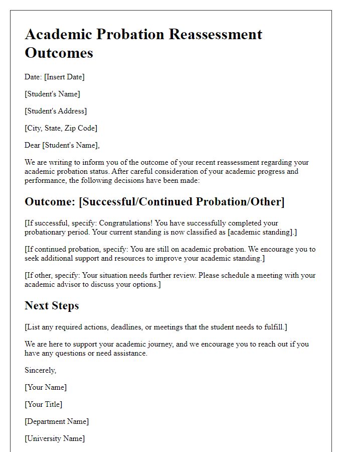 Letter template of academic probation reassessment outcomes