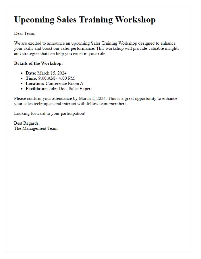 Letter template of announcement for upcoming sales training workshop opportunity