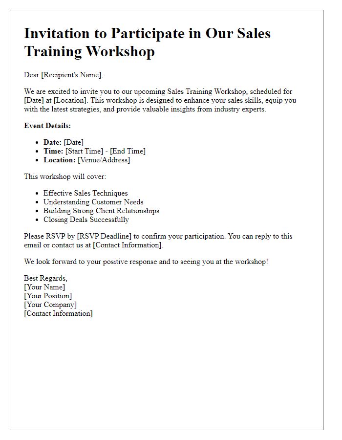 Letter template of invitation to participate in our sales training workshop