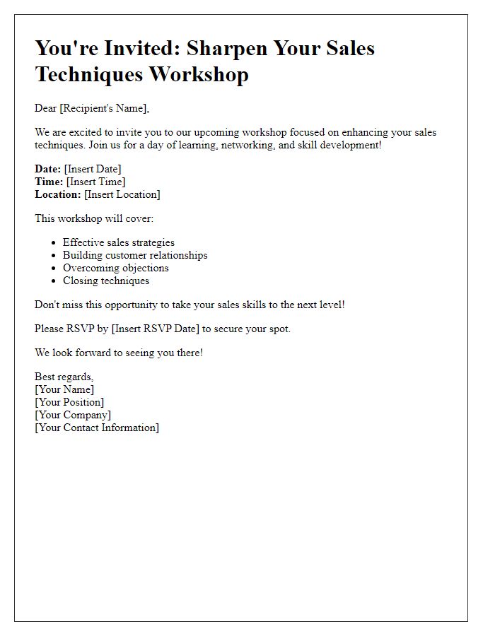 Letter template of invitation to sharpen your sales techniques in our workshop