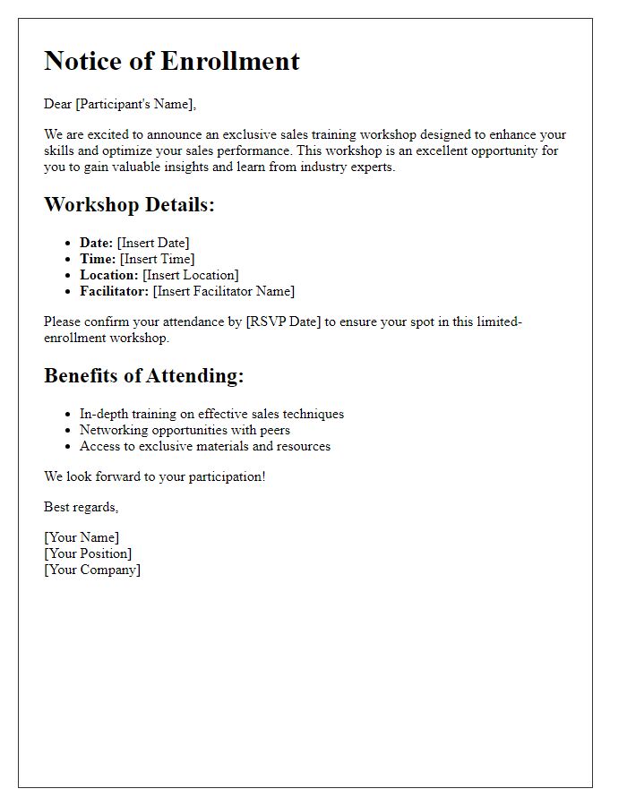 Letter template of notice for exclusive sales training workshop enrollment