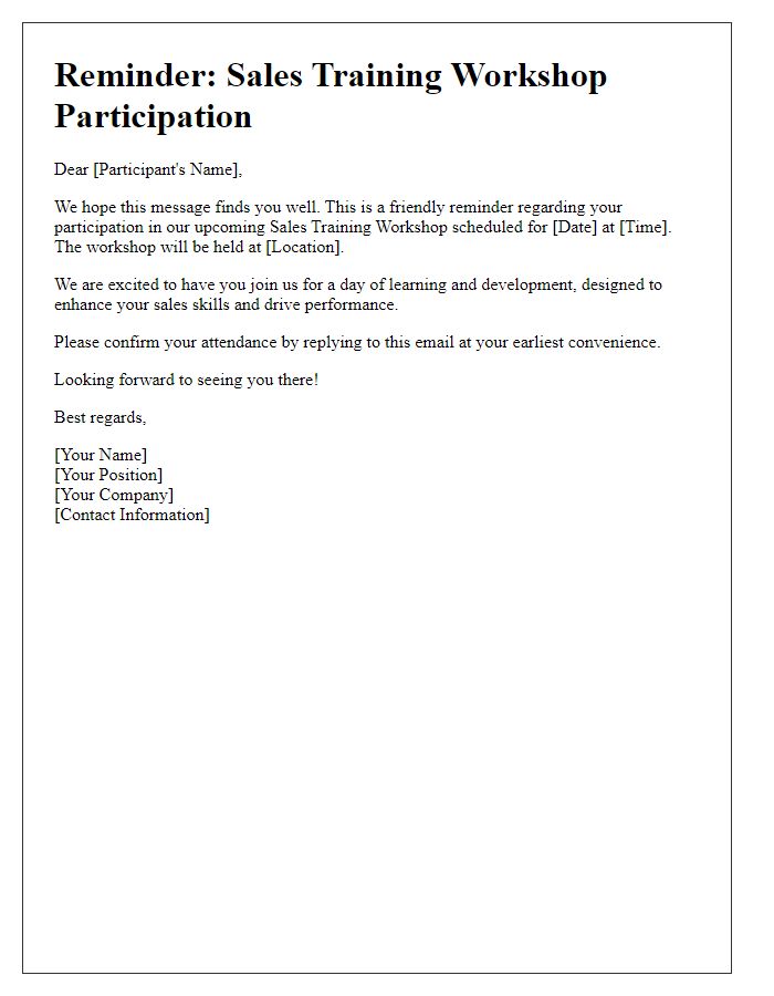 Letter template of reminder for participation in our sales training workshop