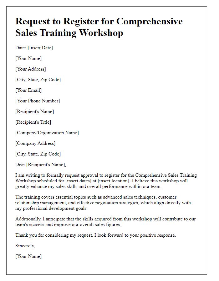 Letter template of request to register for a comprehensive sales training workshop