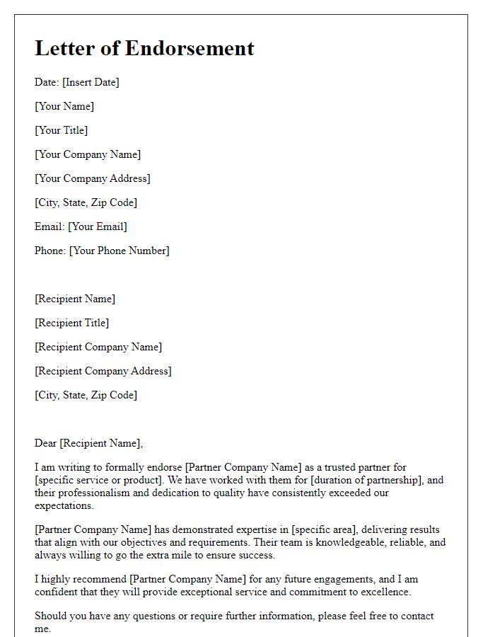 Letter template of endorsement for a trusted partner service