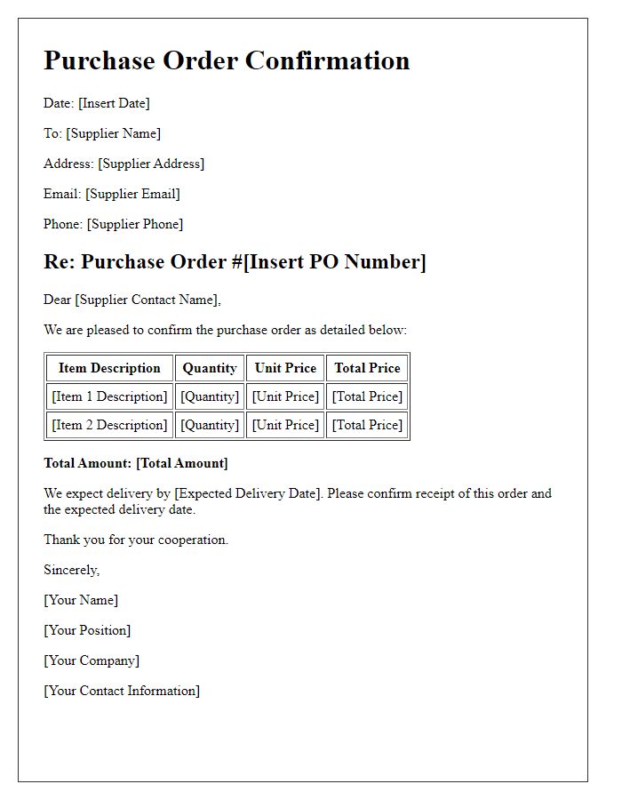 Letter template of confirmed purchase order