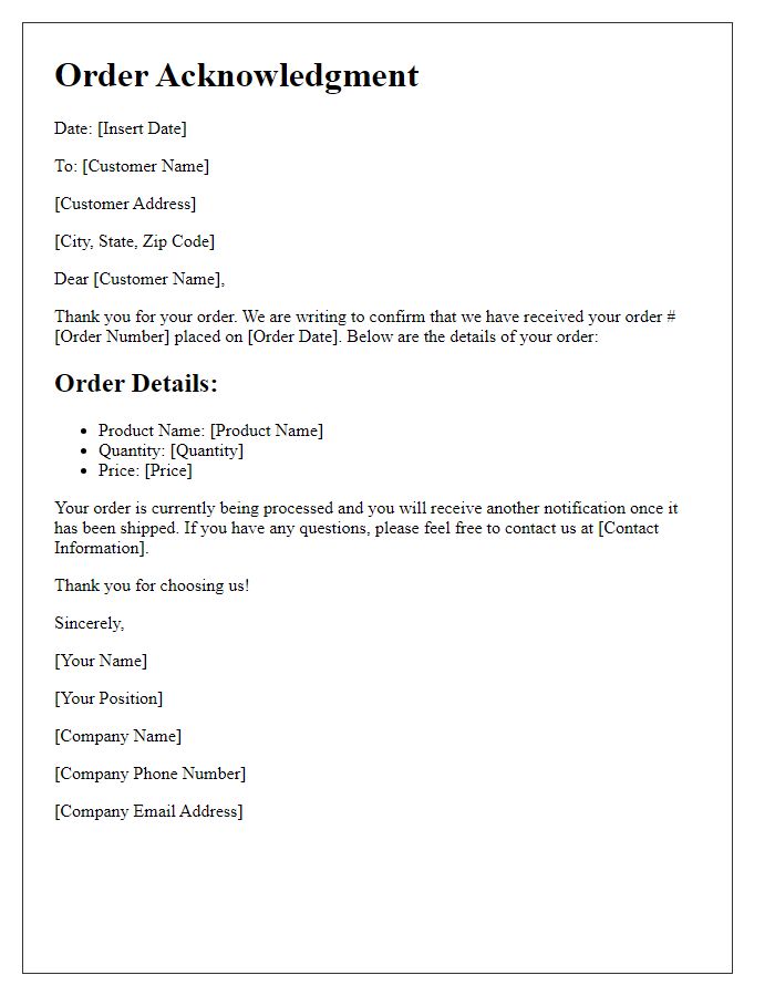 Letter template of order acknowledgment