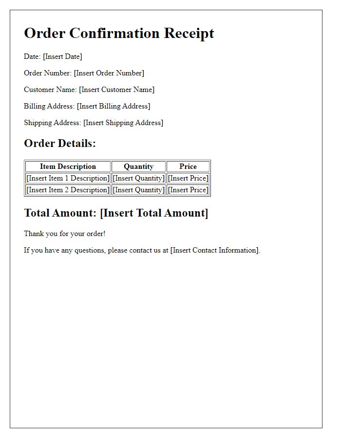 Letter template of order confirmation receipt