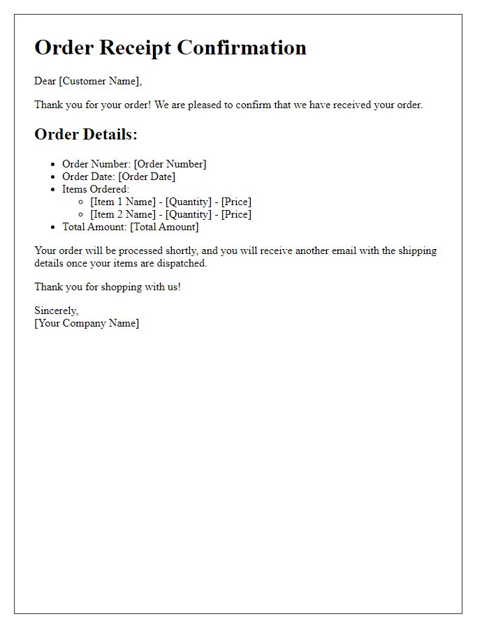 Letter template of order receipt confirmation