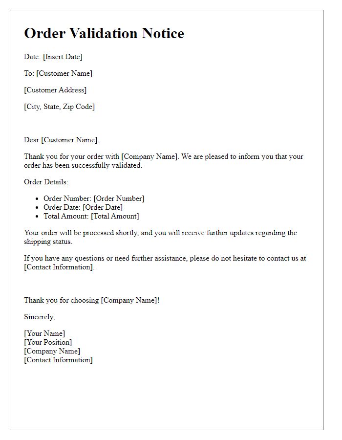 Letter template of order validation notice