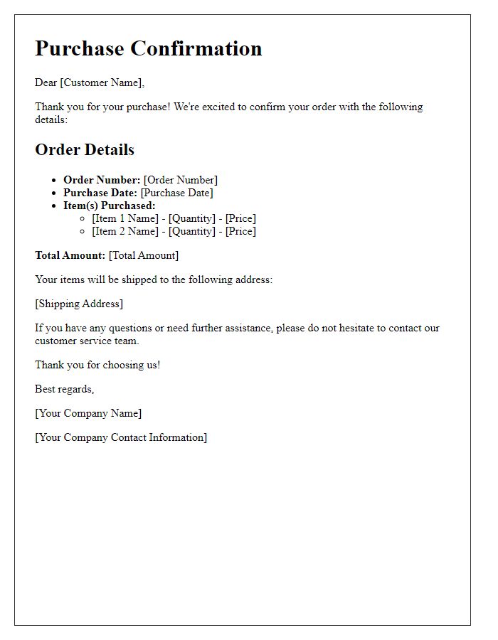 Letter template of purchase confirmation