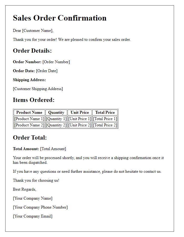 Letter template of sales order confirmation