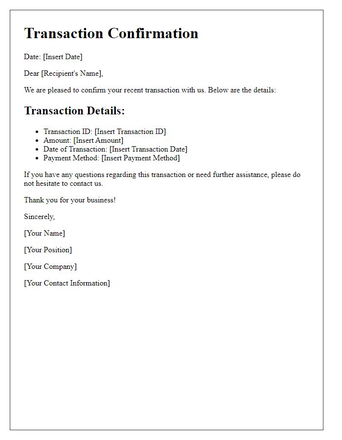 Letter template of transaction confirmation