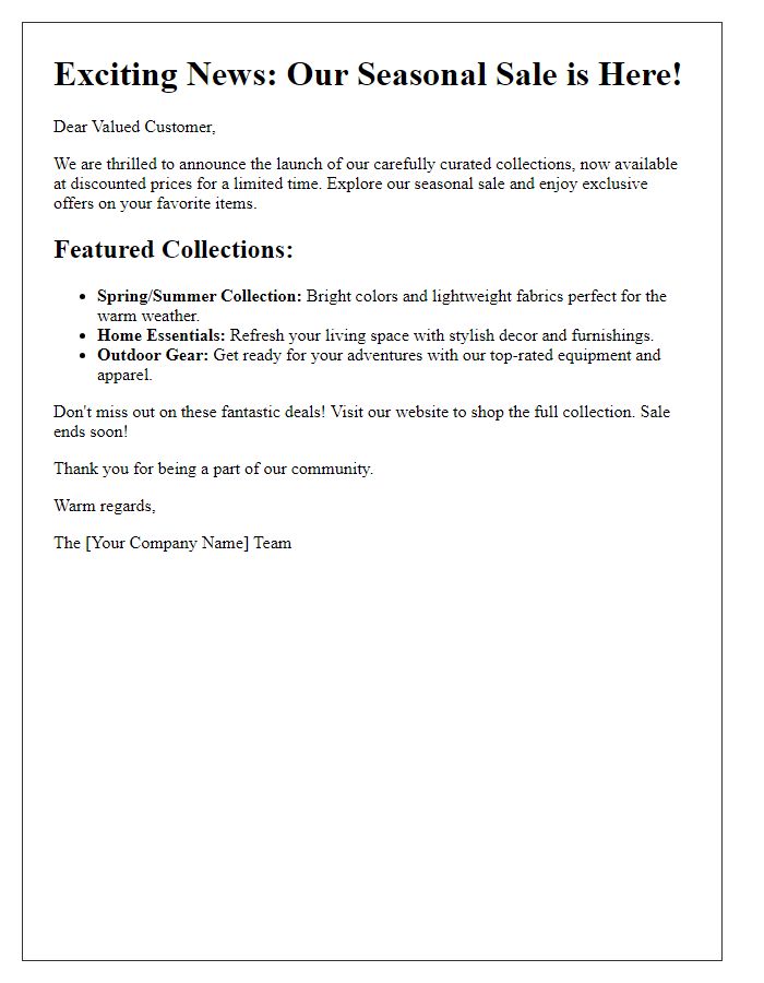 Letter template of curated collections featured in our seasonal sale launch.