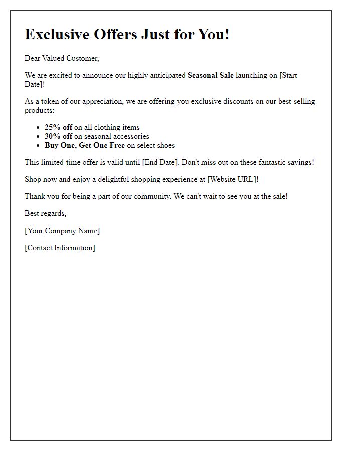 Letter template of exclusive offers for our seasonal sale launch.