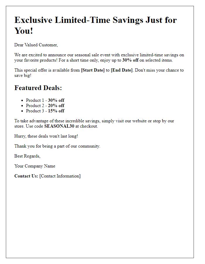 Letter template of limited-time savings for our seasonal sale event.