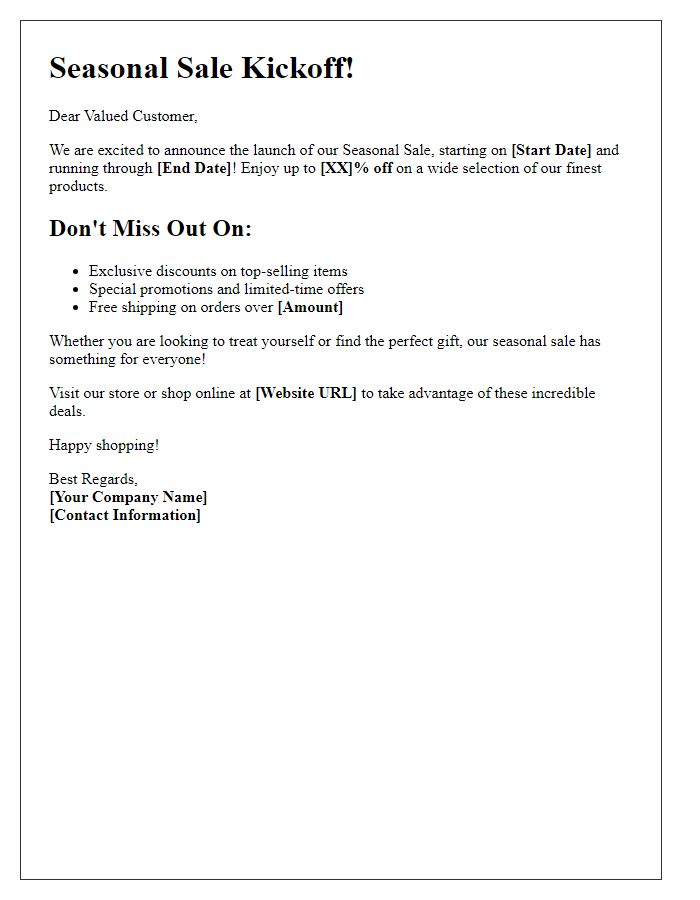 Letter template of promotional announcements for the seasonal sale kickoff.