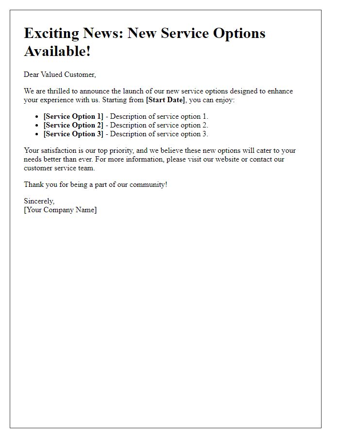 Letter template of fresh service option announcement for customers