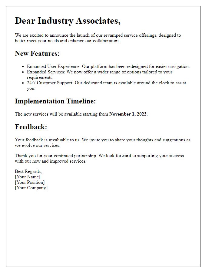 Letter template of revamped service details for industry associates