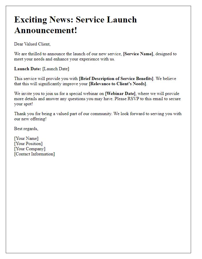 Letter template of service launch announcement to clients