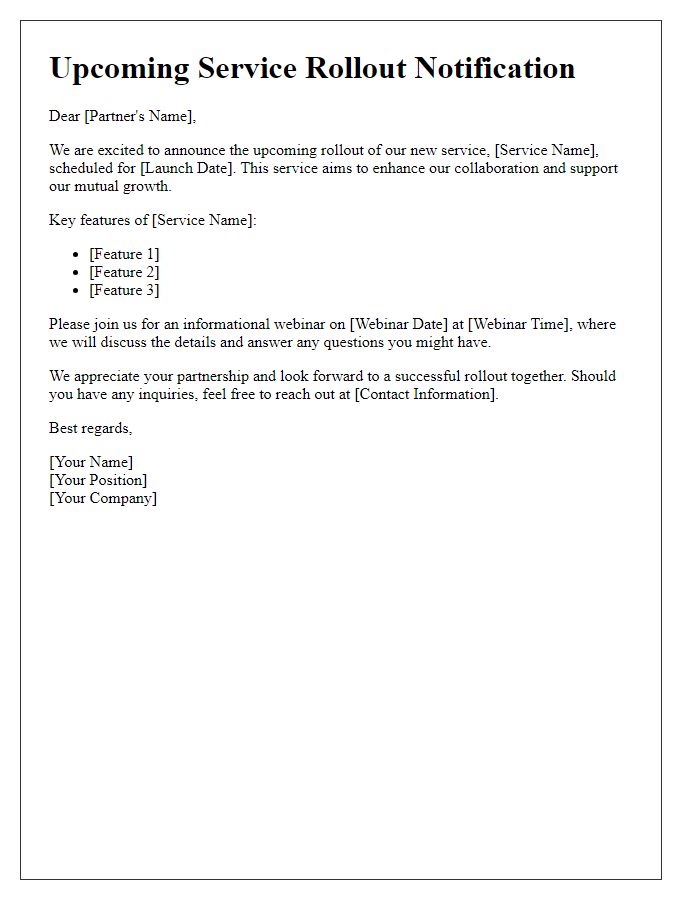 Letter template of upcoming service rollout for partners