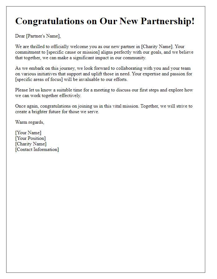 Letter template of congratulating new partner onboarding for a charity collaboration.