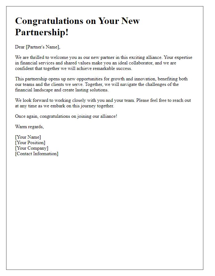 Letter template of congratulating new partner onboarding for a financial services alliance.