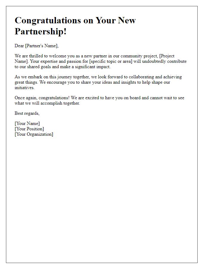 Letter template of congratulating new partner onboarding in a community project.