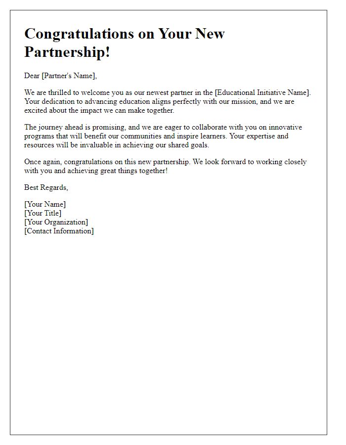 Letter template of congratulating new partner onboarding in an educational initiative.