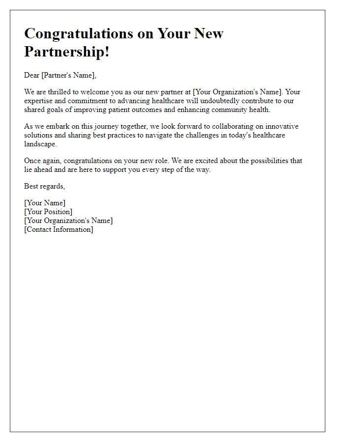 Letter template of congratulating new partner onboarding in a healthcare setting.