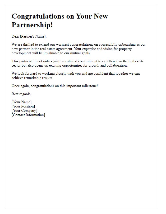 Letter template of congratulating new partner onboarding in a real estate agreement.