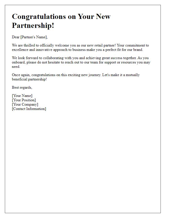 Letter template of congratulating new partner onboarding for a retail partnership.