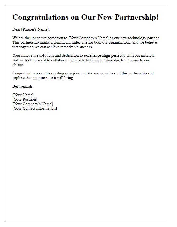 Letter template of congratulating new partner onboarding for a technology partnership.