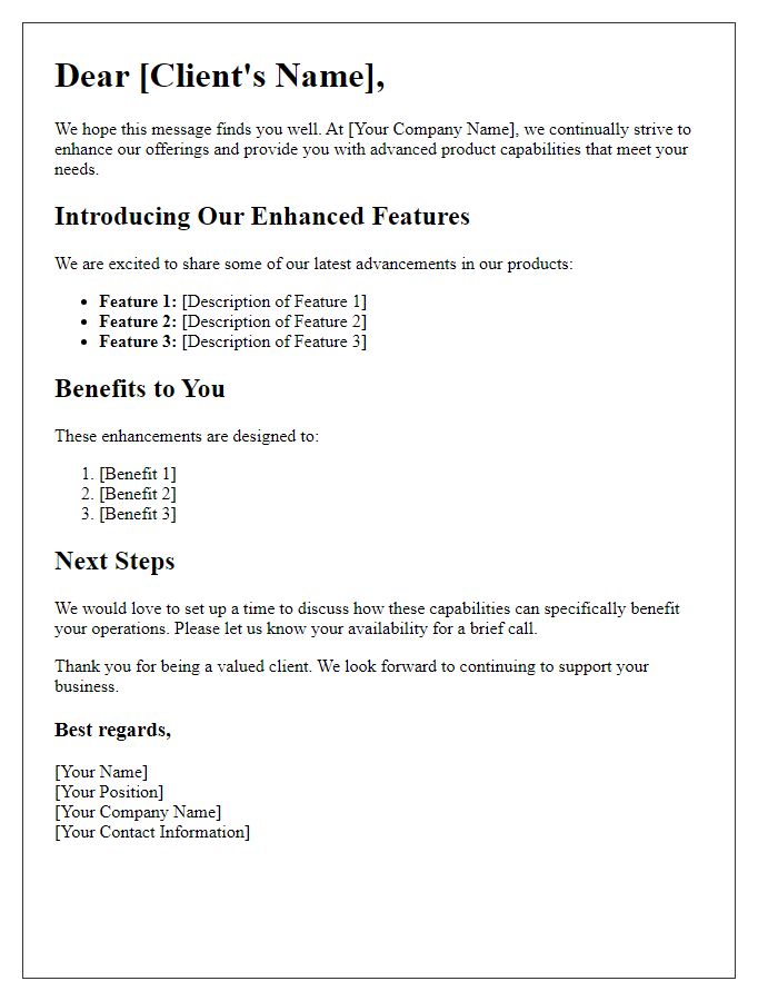 Letter template of advanced product capabilities for regular clients.