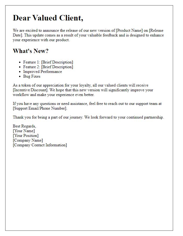 Letter template of new version release for loyal clients.