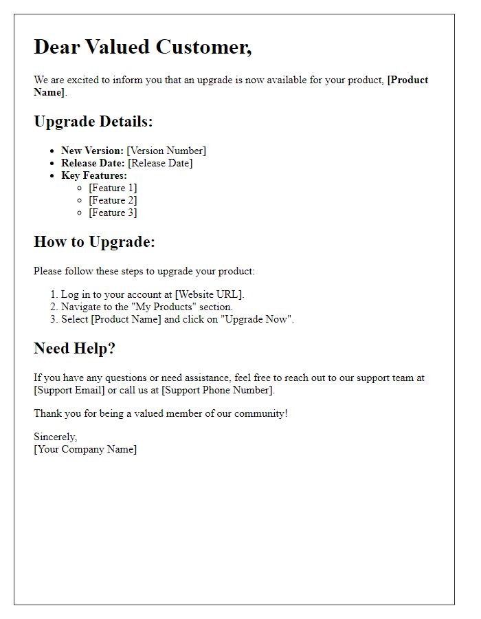 Letter template of product upgrade details for registered customers.