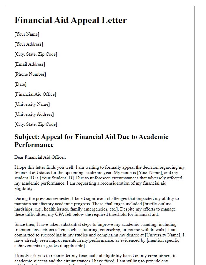 Letter template of financial aid appeal due to academic performance effects.