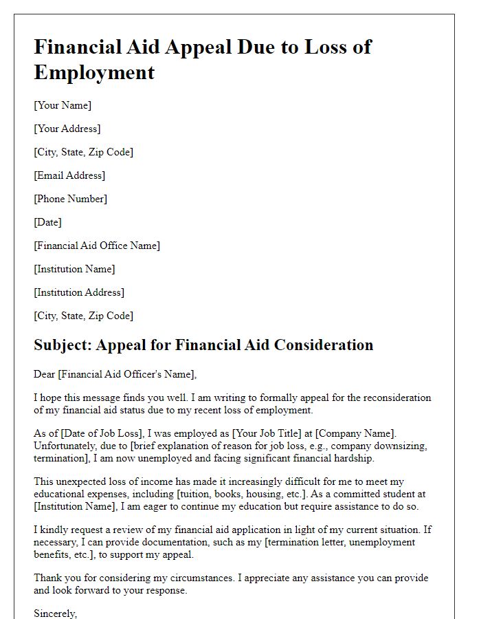 Letter template of financial aid appeal for loss of employment.