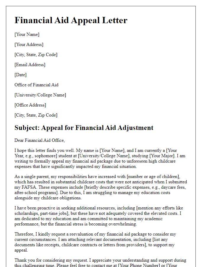 Letter template of financial aid appeal related to high childcare expenses.