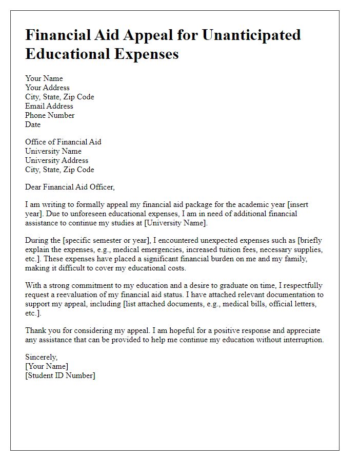 Letter template of financial aid appeal for unanticipated educational expenses.