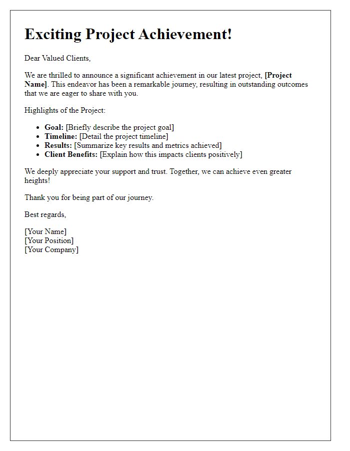 Letter template of major project achievement for client newsletter