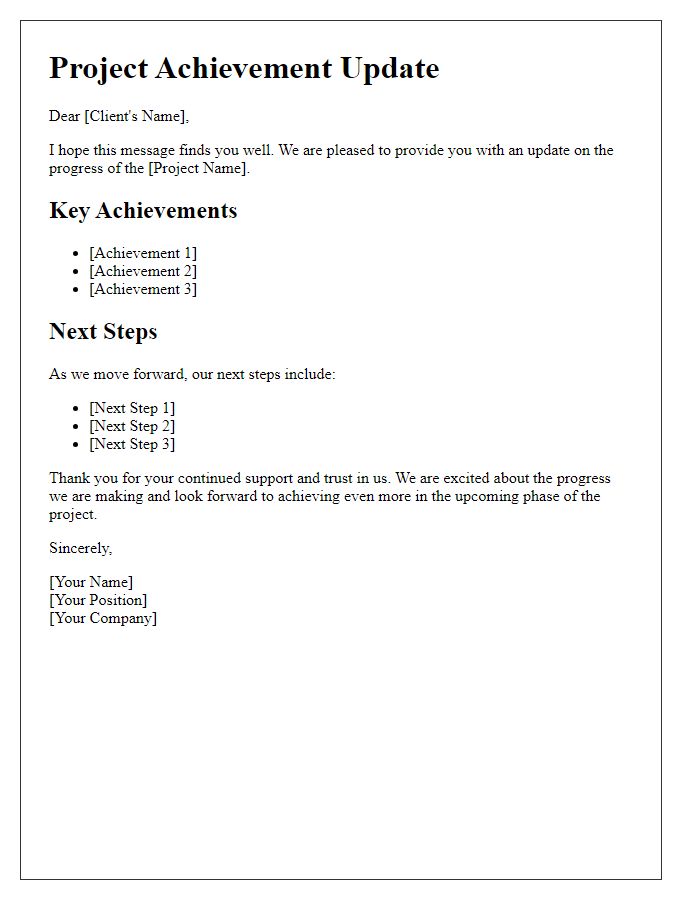 Letter template of project achievement update for client communication