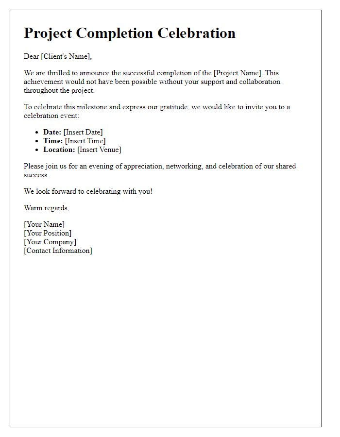 Letter template of project completion celebration for client appreciation