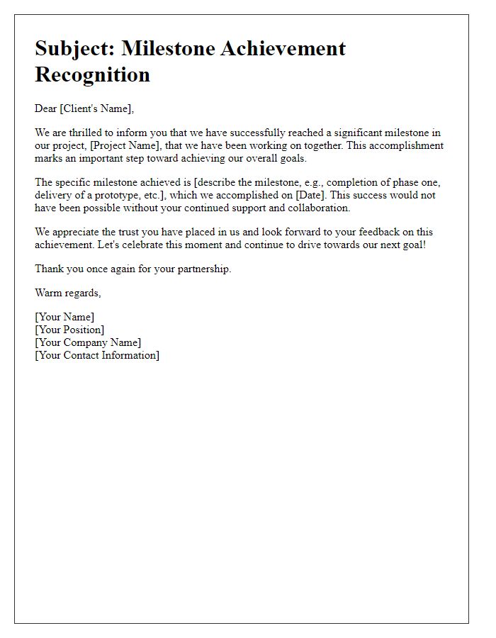 Letter template of project milestone achievement for client recognition