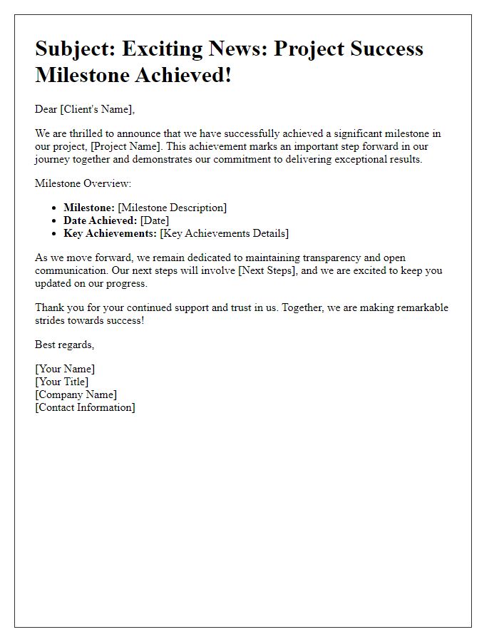 Letter template of project success milestone announcement for clients